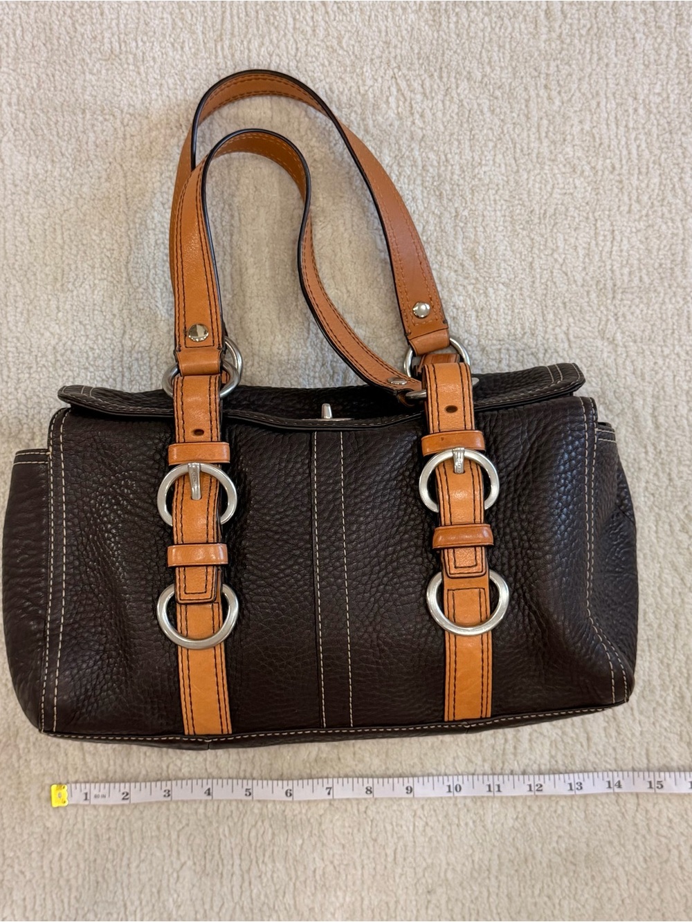 Coach Dark Brown Pebbled Leather Shoulder Bag with Tan Straps